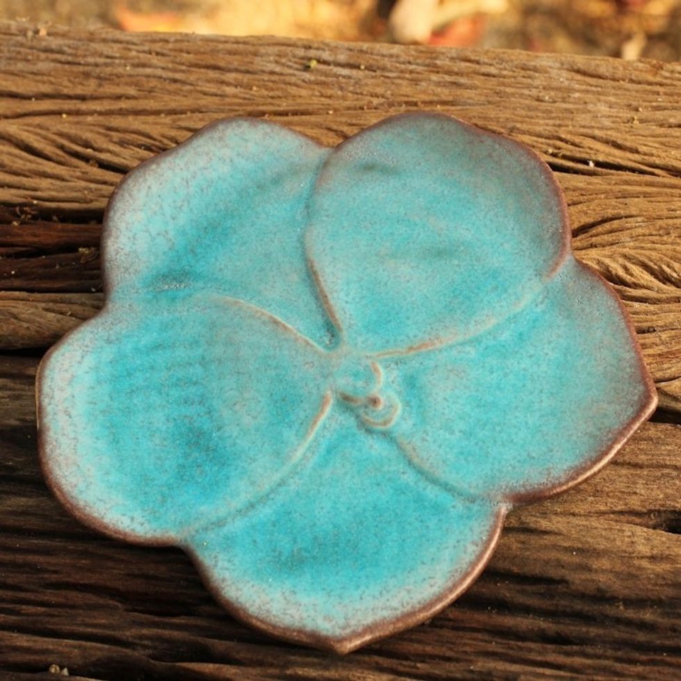Handmade Floral Celadon Ceramic Salad Plate 'Turquoise Vanda'