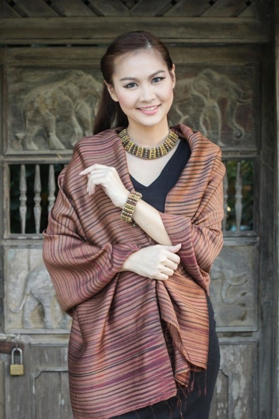 Artisan Crafted Tan Striped Batik Shawl from Thailand 'Romance in Tan'