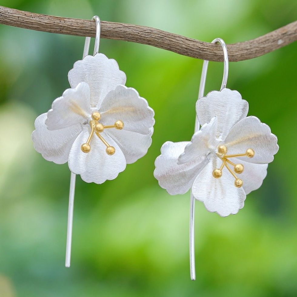 Thai Gold-Accented Sterling Silver Drop Earrings 'Ever-Blooming'