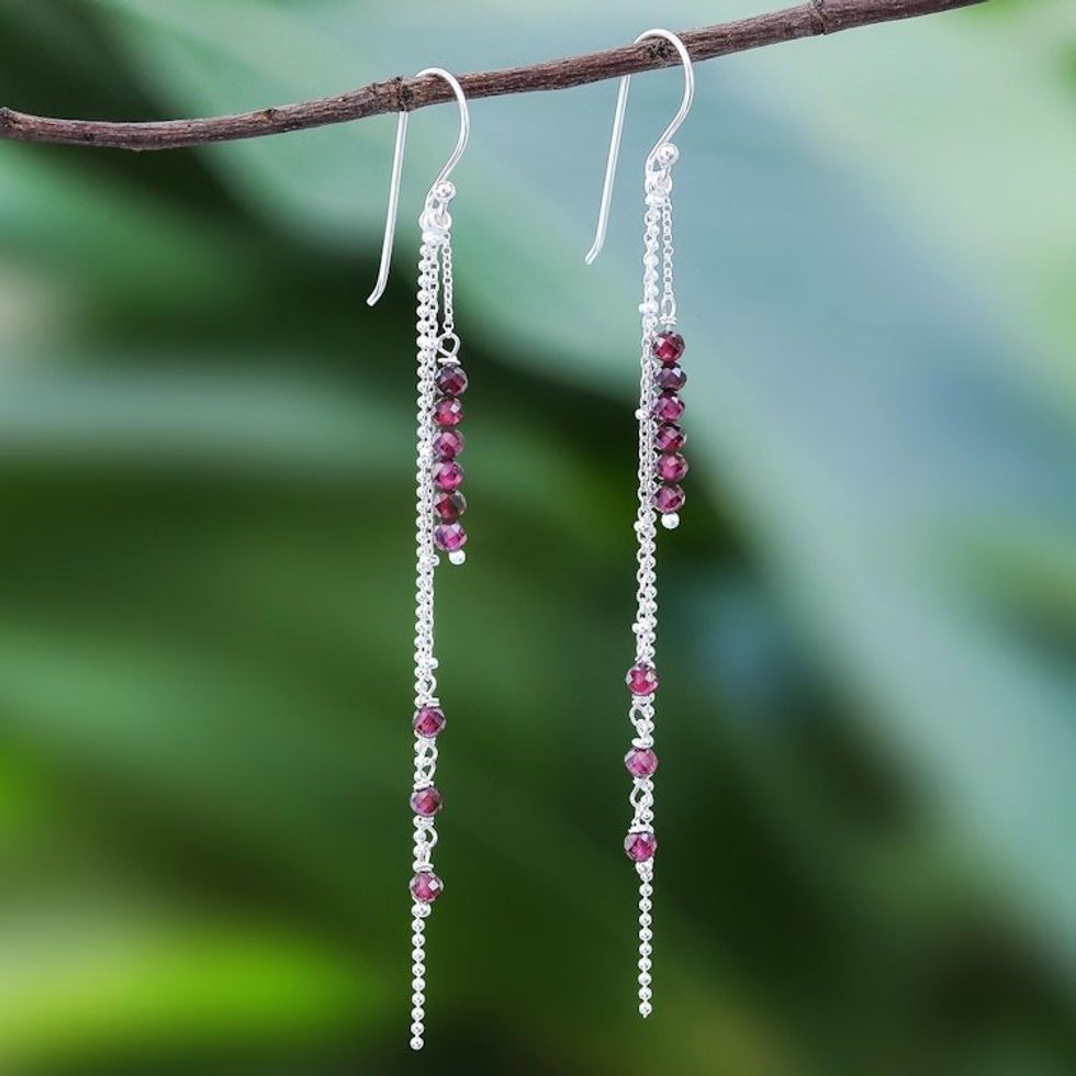 Garnet Beaded Dangle Earrings from Thailand 'Morning Rain'
