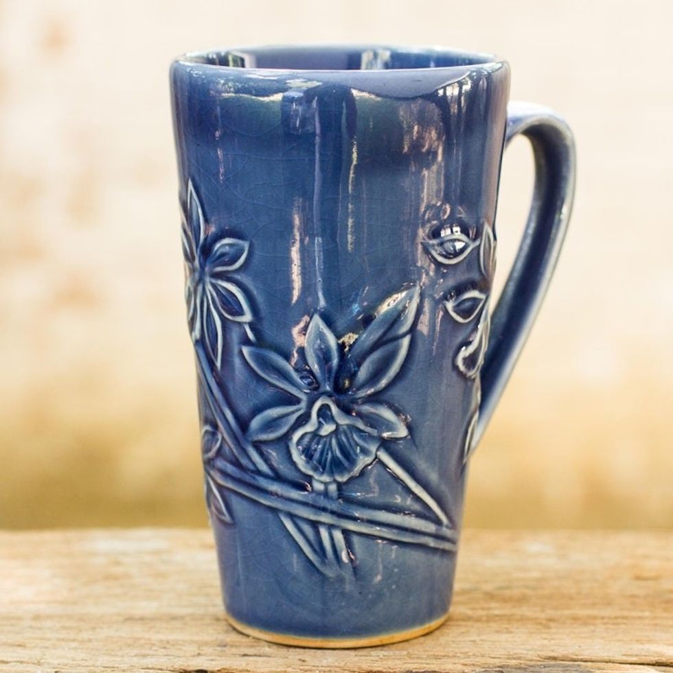 Hand Crafted Dark Blue Celadon Ceramic Mug from Thailand 'Royal Blue Orchid'