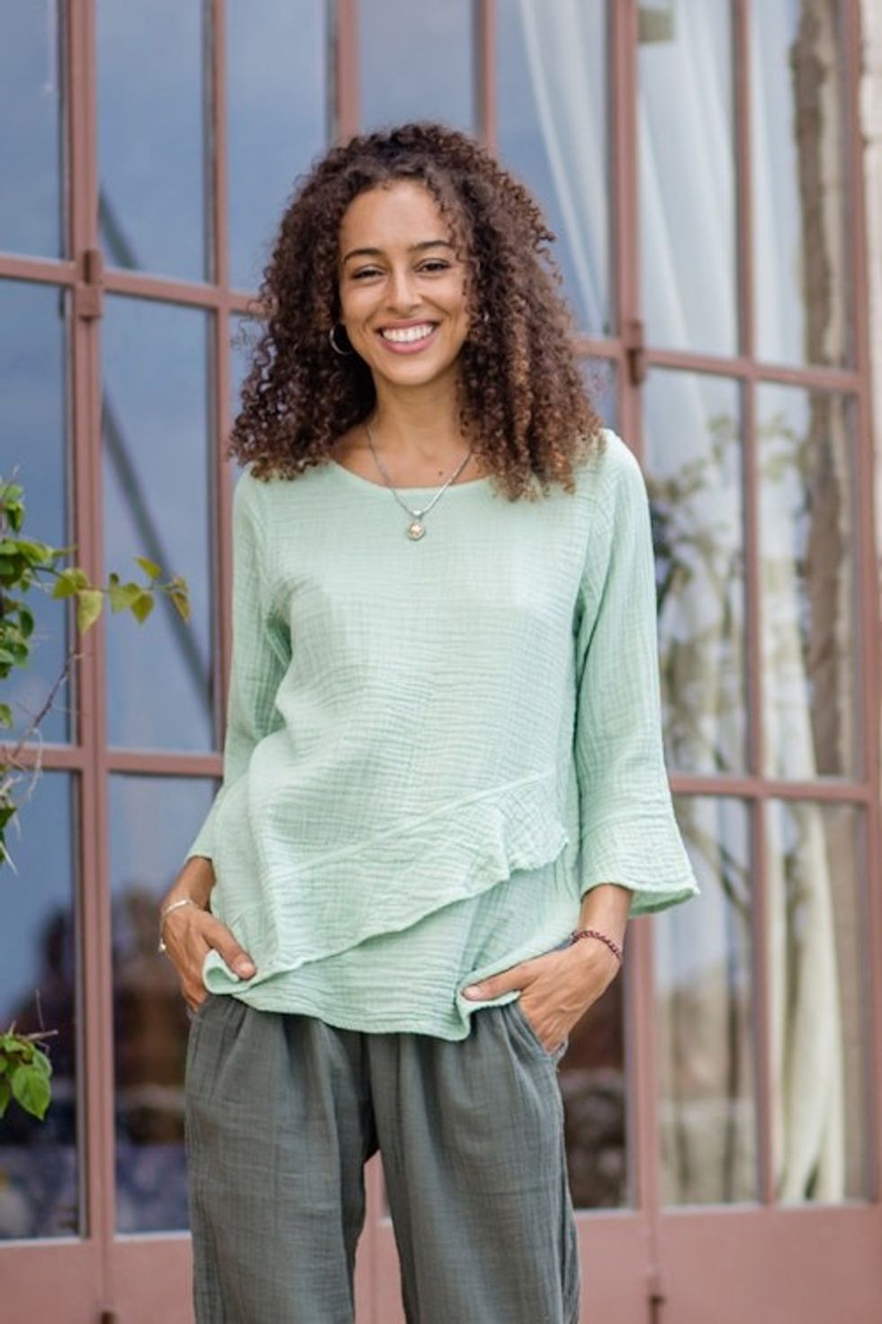 Asymmetrical Cut Mint Cotton Gauze Blouse Made in Thailand 'Mint Ruffles'