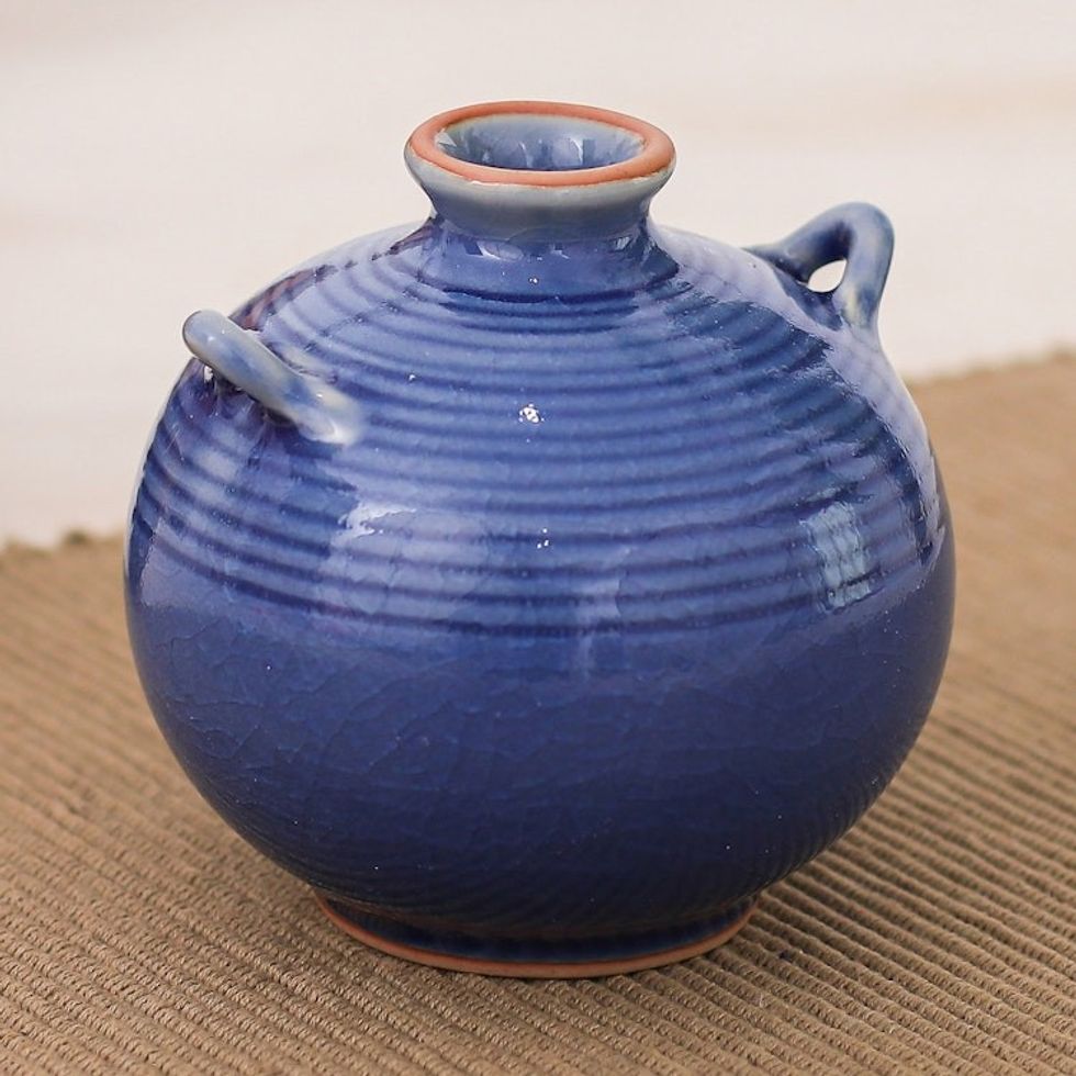 Handmade Celadon Ceramic Vase in Blue with Circular Patterns 'Thai Circles'