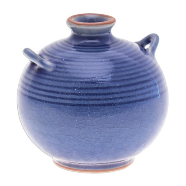 Alternate image for Handmade Celadon Ceramic Vase in Blue with Circular Patterns Thai Circles