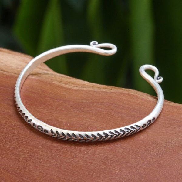 Alternate image for Polished Sterling Silver Cuff Bracelet with Hill Tribe Motif Sophisticated Serenity