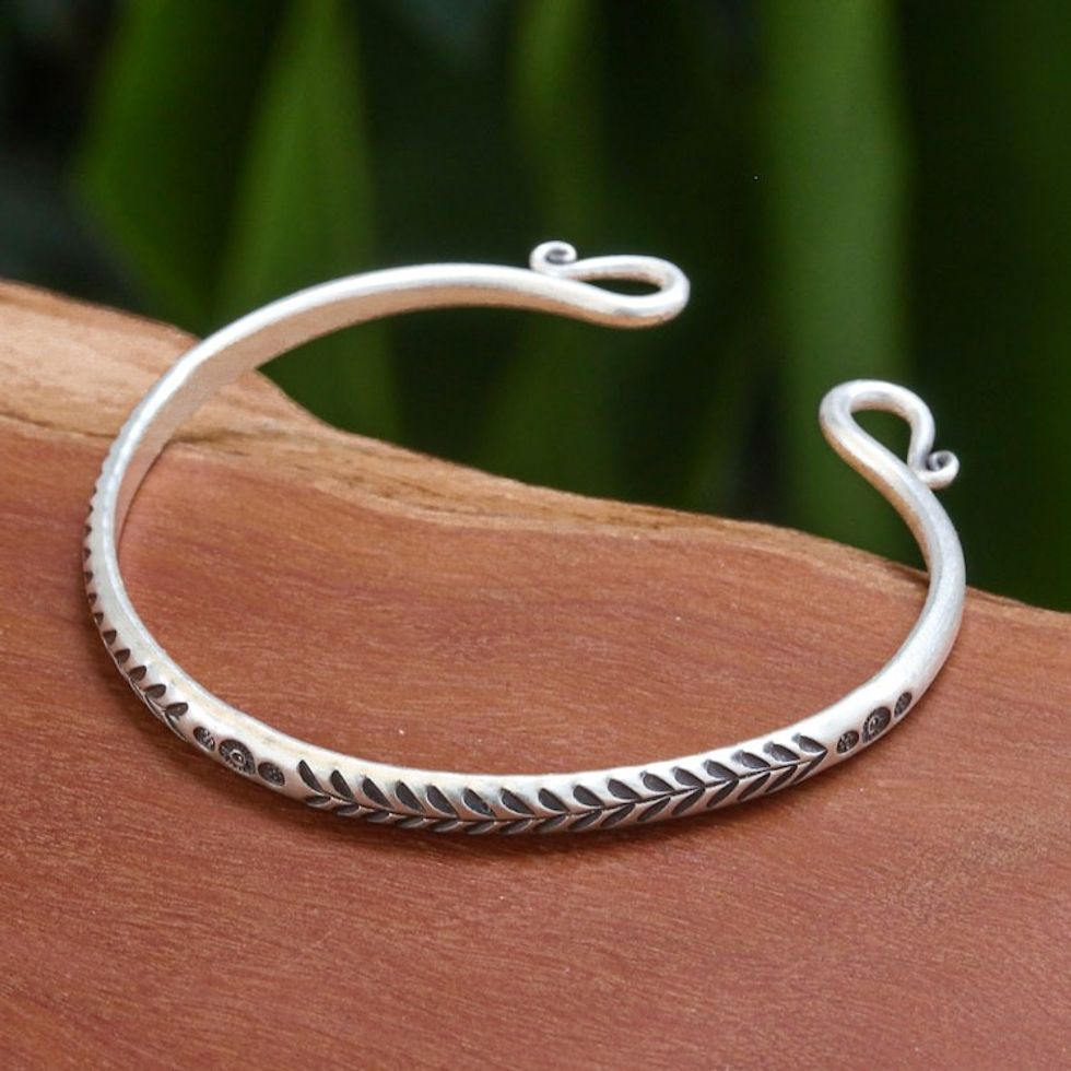 Polished Sterling Silver Cuff Bracelet with Hill Tribe Motif 'Sophisticated Serenity'