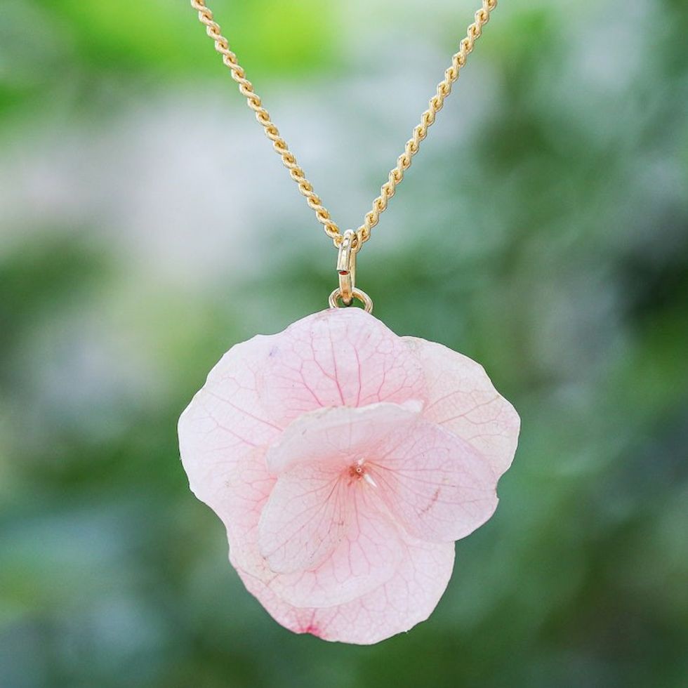 Gold-Plated Pink Hydrangea Petal Pendant Necklace 'Wild Hydrangea in Pink'