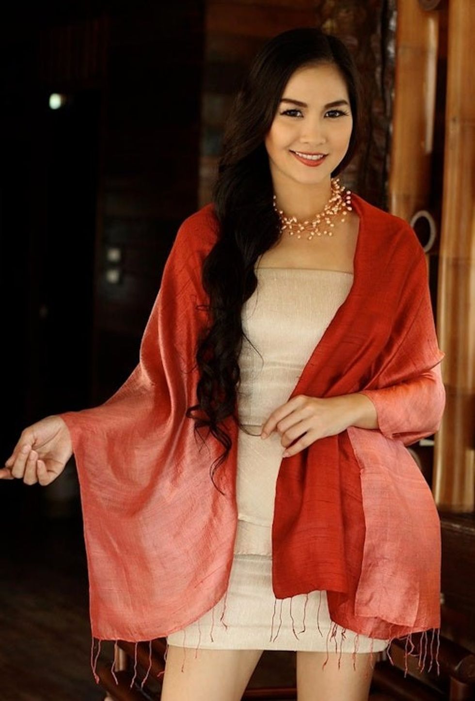 Artisan Crafted Silk Shawl 'Shimmering Vermilion'