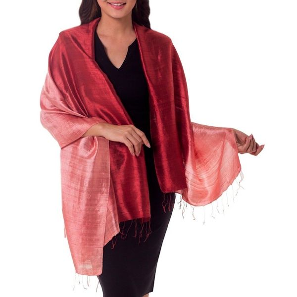 Alternate image for Artisan Crafted Silk Shawl Shimmering Vermilion