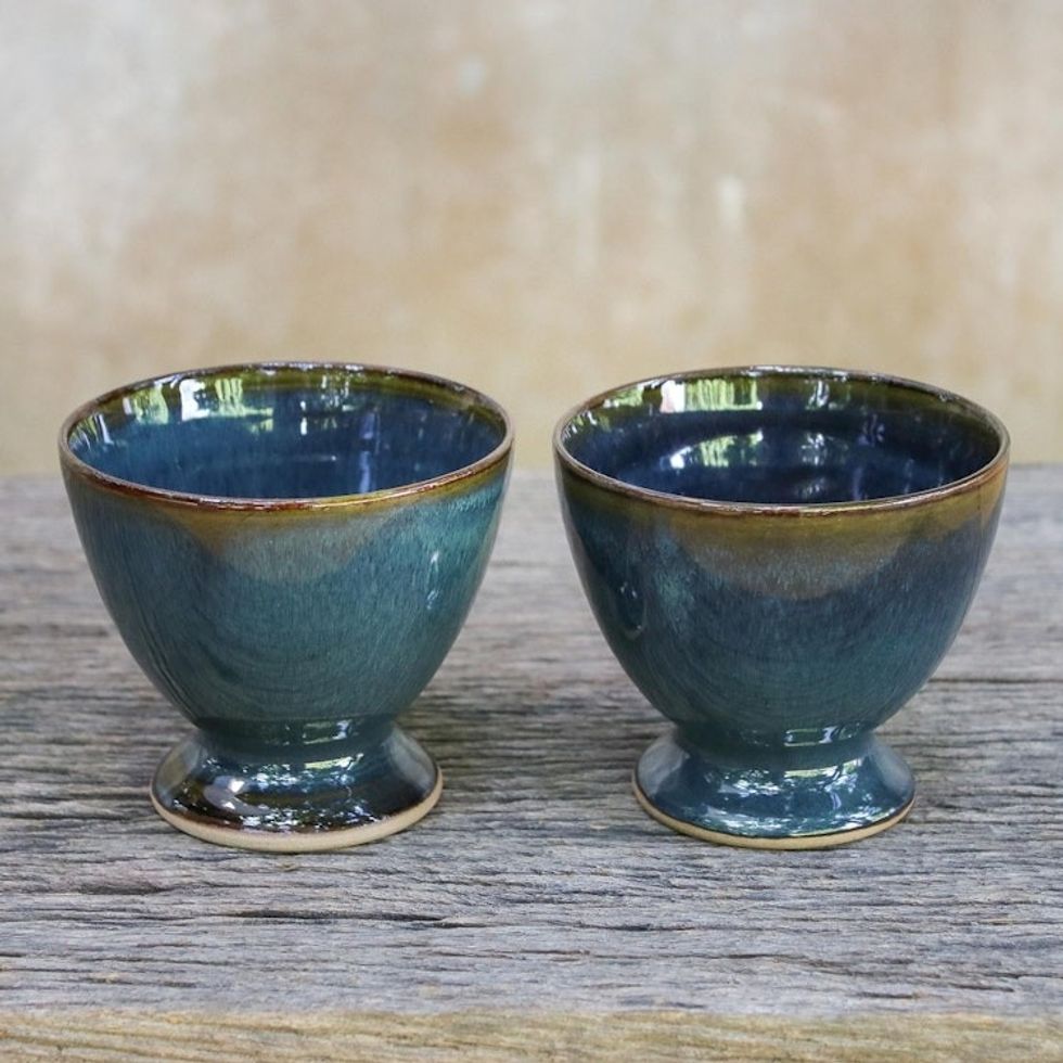 Indigo Blue Footed Ceramic Teacups from Thailand Pair 'Mood Indigo'