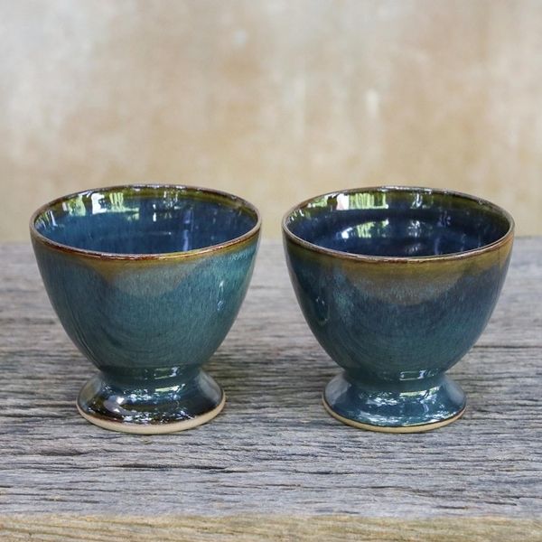 Alternate image for Indigo Blue Footed Ceramic Teacups from Thailand Pair Mood Indigo