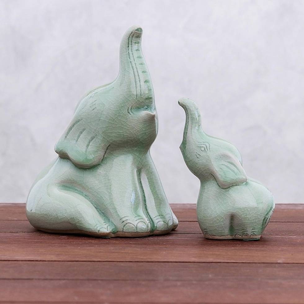 Celadon Ceramic Elephant Figurines from ThailandPair 'Mom and Baby'