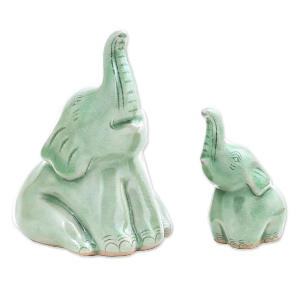 Alternate image for Celadon Ceramic Elephant Figurines from ThailandPair Mom and Baby