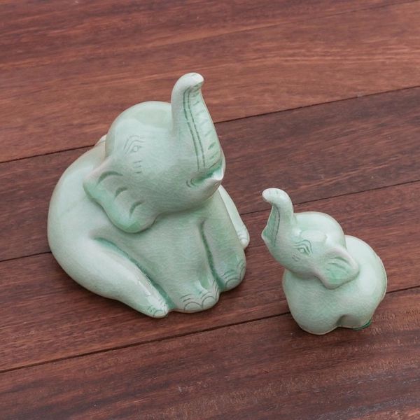 Alternate image for Celadon Ceramic Elephant Figurines from ThailandPair Mom and Baby