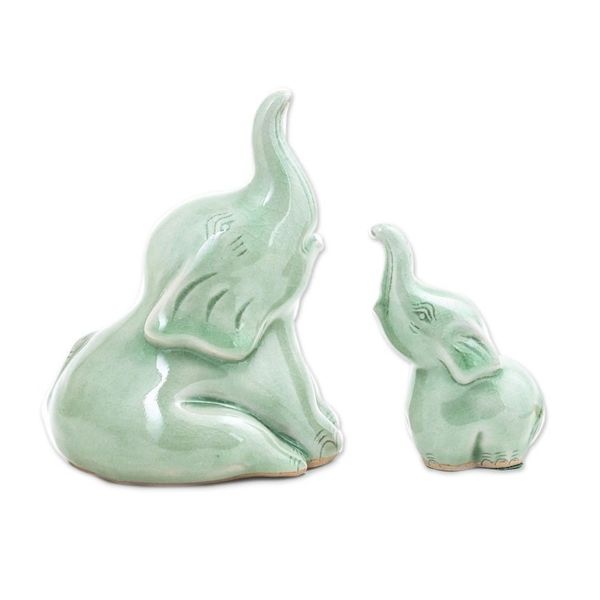 Alternate image for Celadon Ceramic Elephant Figurines from ThailandPair Mom and Baby
