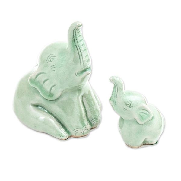 Alternate image for Celadon Ceramic Elephant Figurines from ThailandPair Mom and Baby