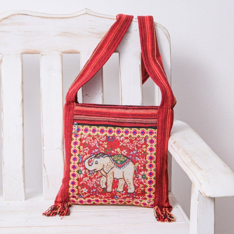 Classic Elephant-Themed Floral Red Sling made in Thailand 'Elephant's Majesty'