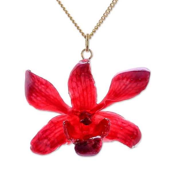 Alternate image for Gold Accented Red-Purple Natural Orchid Pendant Necklace Starry Flower