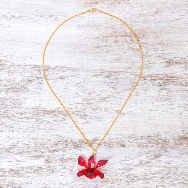 Alternate image for Gold Accented Red-Purple Natural Orchid Pendant Necklace Starry Flower