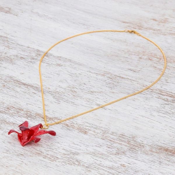 Alternate image for Gold Accented Red-Purple Natural Orchid Pendant Necklace Starry Flower