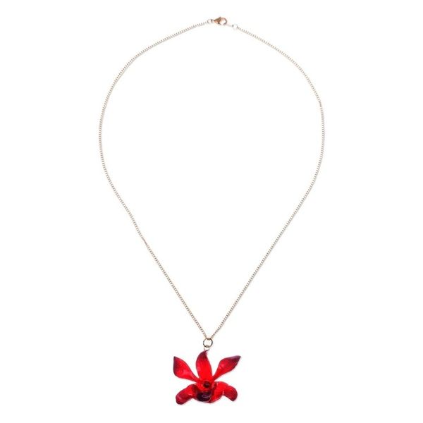 Alternate image for Gold Accented Red-Purple Natural Orchid Pendant Necklace Starry Flower