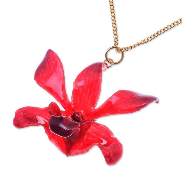 Alternate image for Gold Accented Red-Purple Natural Orchid Pendant Necklace Starry Flower