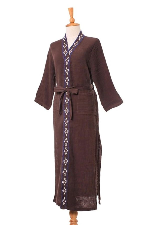 Alternate image for Diamond Embroidered Cotton Robe in Chestnut from Thailand Nature Relaxation