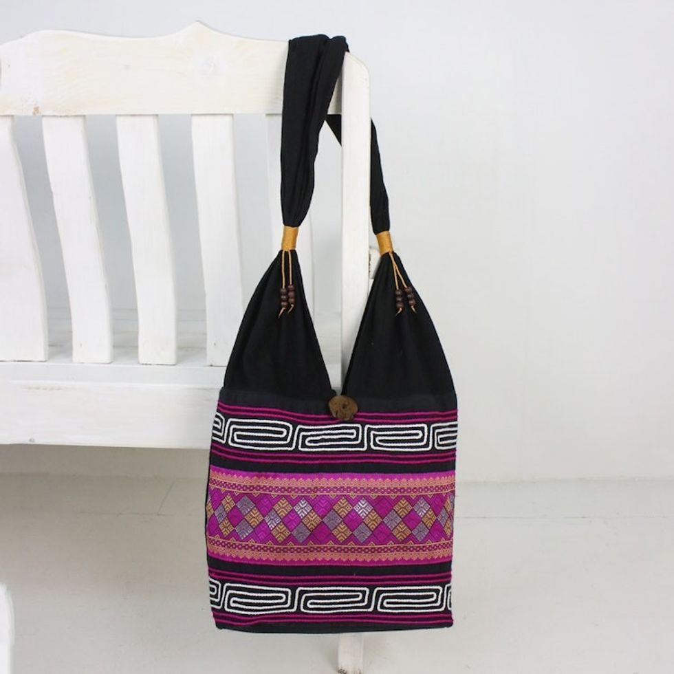 Cotton Blend Shoulder Bag in Pink from Thailand 'Charming Diamonds'