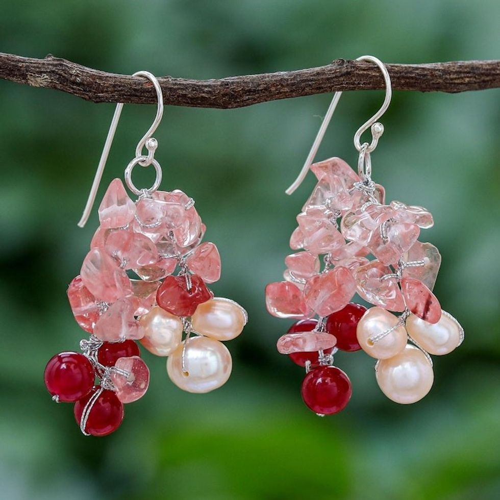 Thai Cultured Pearl and Quartz Dangle Earrings 'Pink Palace'