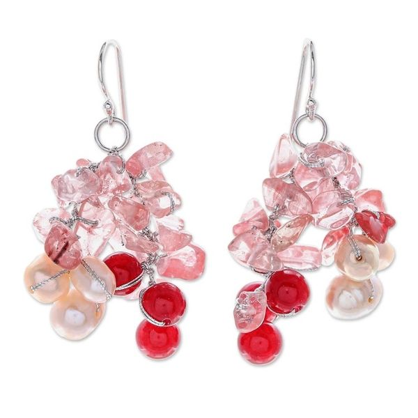 Alternate image for Thai Cultured Pearl and Quartz Dangle Earrings Pink Palace