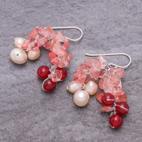 Alternate image for Thai Cultured Pearl and Quartz Dangle Earrings Pink Palace