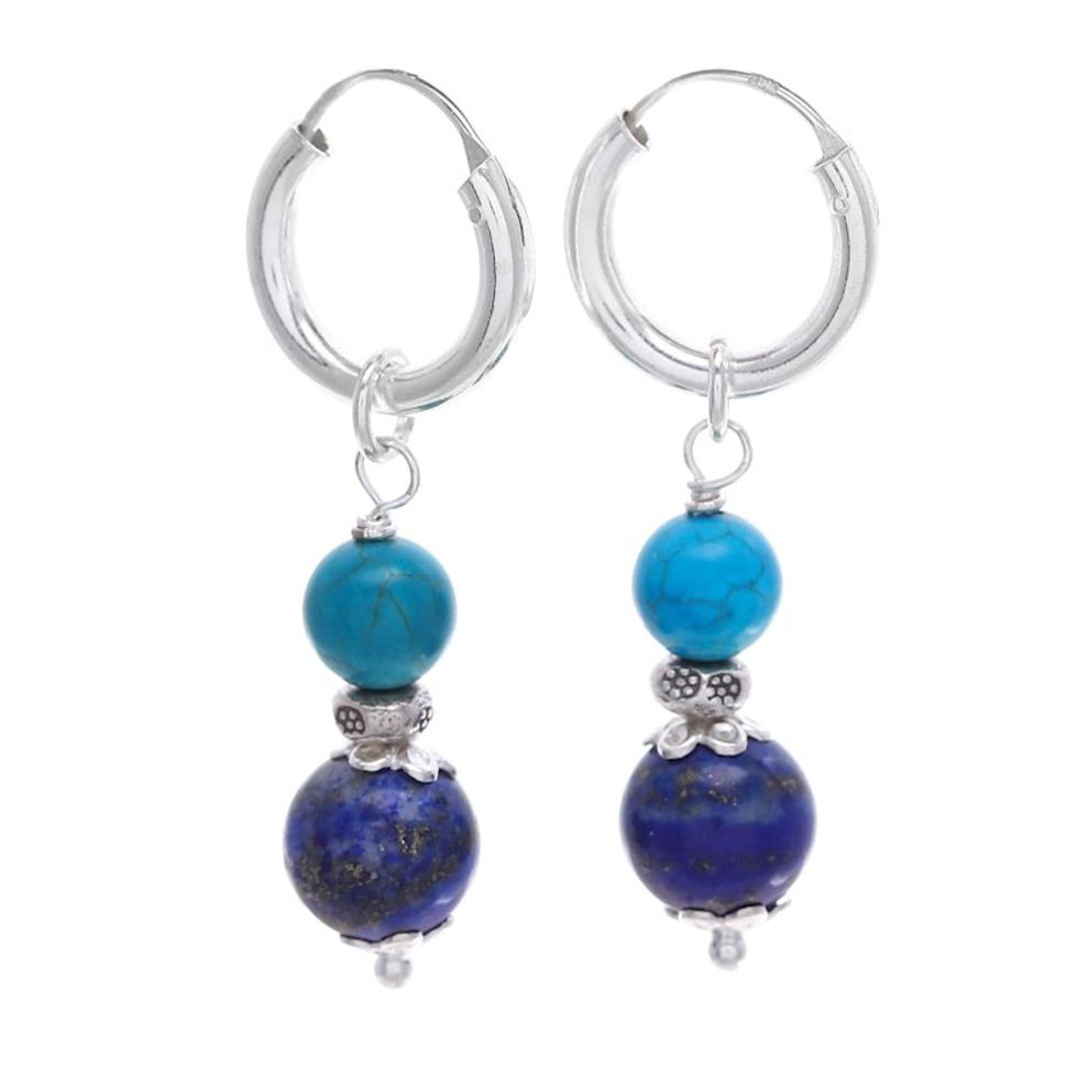 Silver Lapis Lazuli Reconstituted Turquoise Hoop Earrings 'Fab Duo'