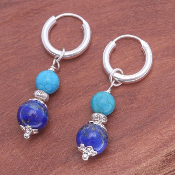 Alternate image for Silver Lapis Lazuli Reconstituted Turquoise Hoop Earrings Fab Duo