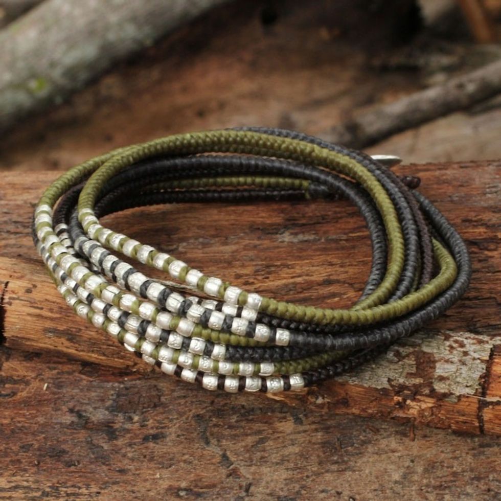 Brown Khaki Grey Wrap Bracelet with Silver Accents 'Karen Khaki Chic'