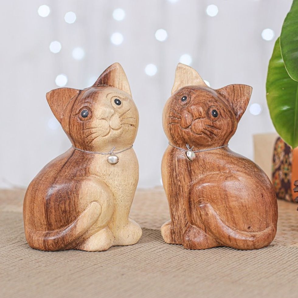 Set of 2 Hand-Carved Cat Raintree Wood Figurines with Bells 'Melodic Meows'