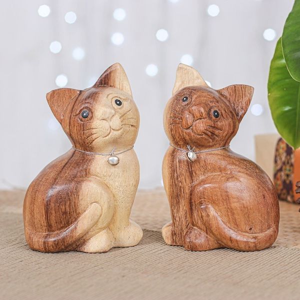Alternate image for Set of 2 Hand-Carved Cat Raintree Wood Figurines with Bells Melodic Meows