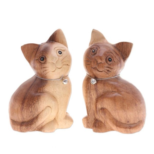 Alternate image for Set of 2 Hand-Carved Cat Raintree Wood Figurines with Bells Melodic Meows