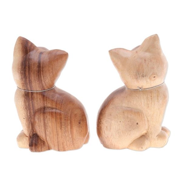 Alternate image for Set of 2 Hand-Carved Cat Raintree Wood Figurines with Bells Melodic Meows