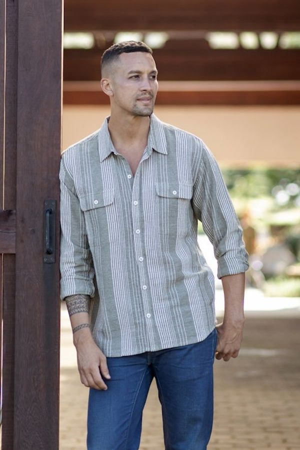 Alternate image for Mens Striped Carob Brown and White Cotton Collared Shirt Stylish Staple in Earth