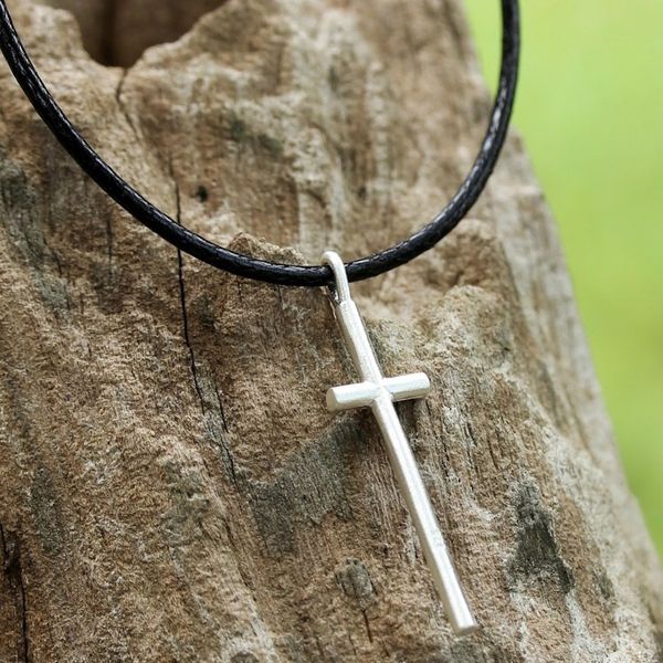 Alternate image for 925 Sterling Silver Cross on Black Braided Cord Necklace Exquisite Cross