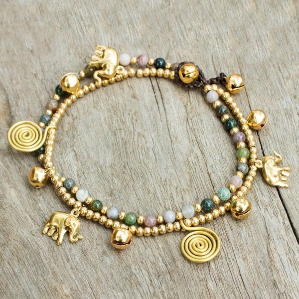Alternate image for Colorful Thai Agate Bell Anklet with Brass Beads and Charms Elephant Bells