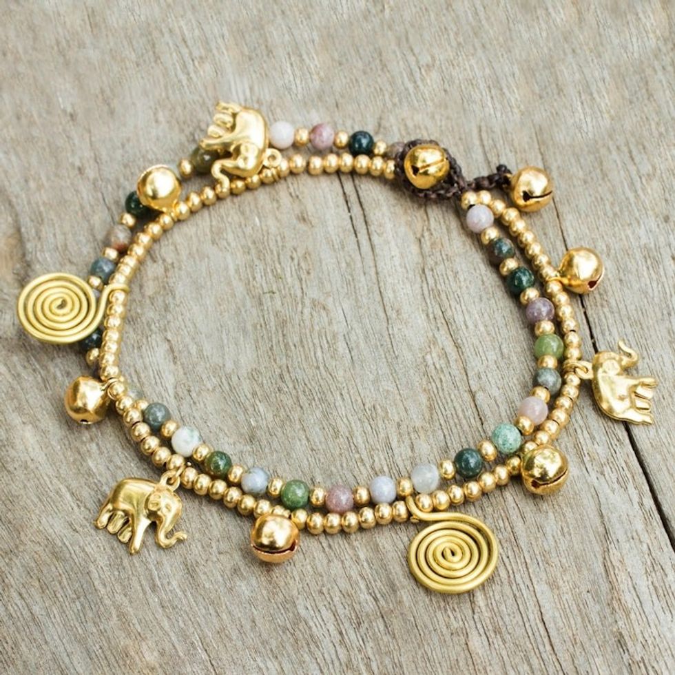 Colorful Thai Agate Bell Anklet with Brass Beads and Charms 'Elephant Bells'