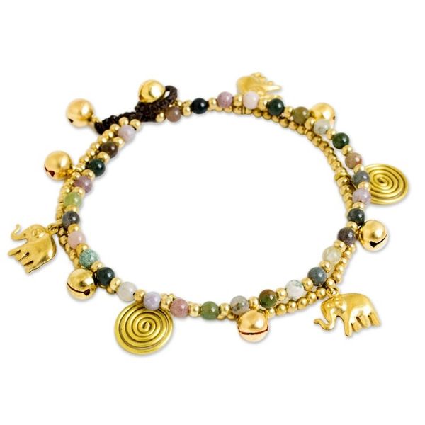 Alternate image for Colorful Thai Agate Bell Anklet with Brass Beads and Charms Elephant Bells