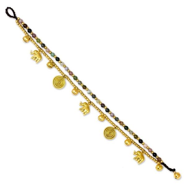 Alternate image for Colorful Thai Agate Bell Anklet with Brass Beads and Charms Elephant Bells