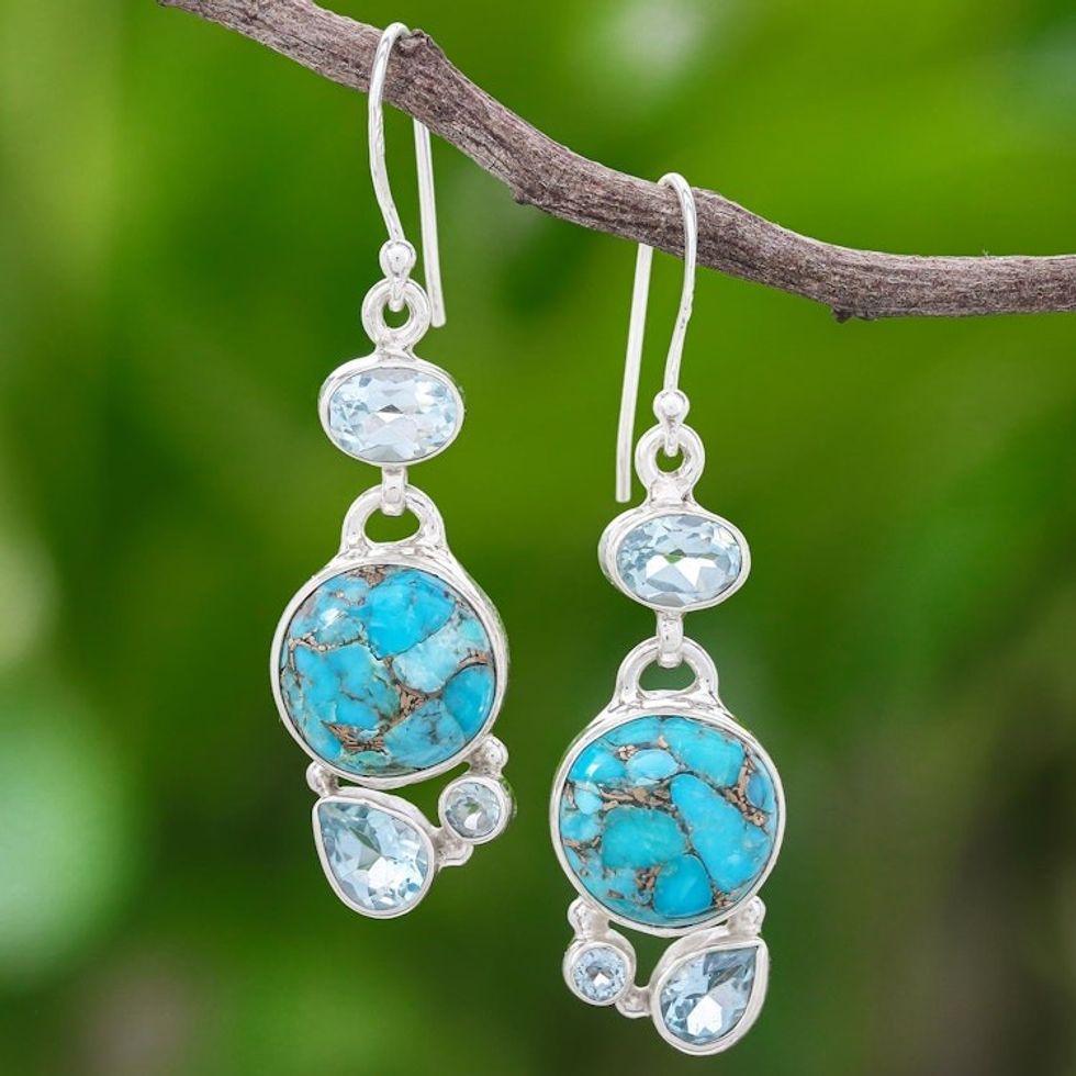 Blue Topaz and Reconstituted Turquoise Dangle Earrings 'Love Orbit in Blue'