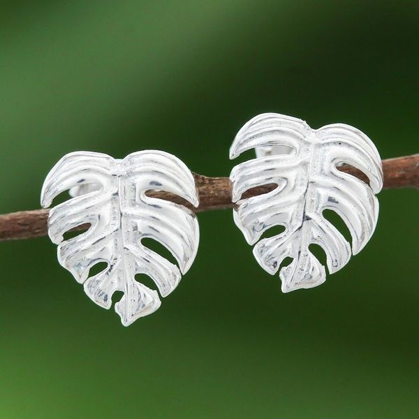 Alternate image for Handcrafted Thai Sterling Silver Leaf Stud Earrings Tropical Leaf