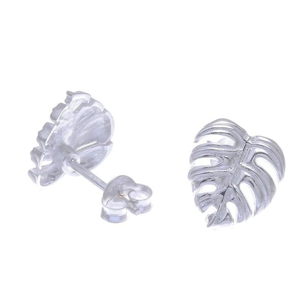 Alternate image for Handcrafted Thai Sterling Silver Leaf Stud Earrings Tropical Leaf