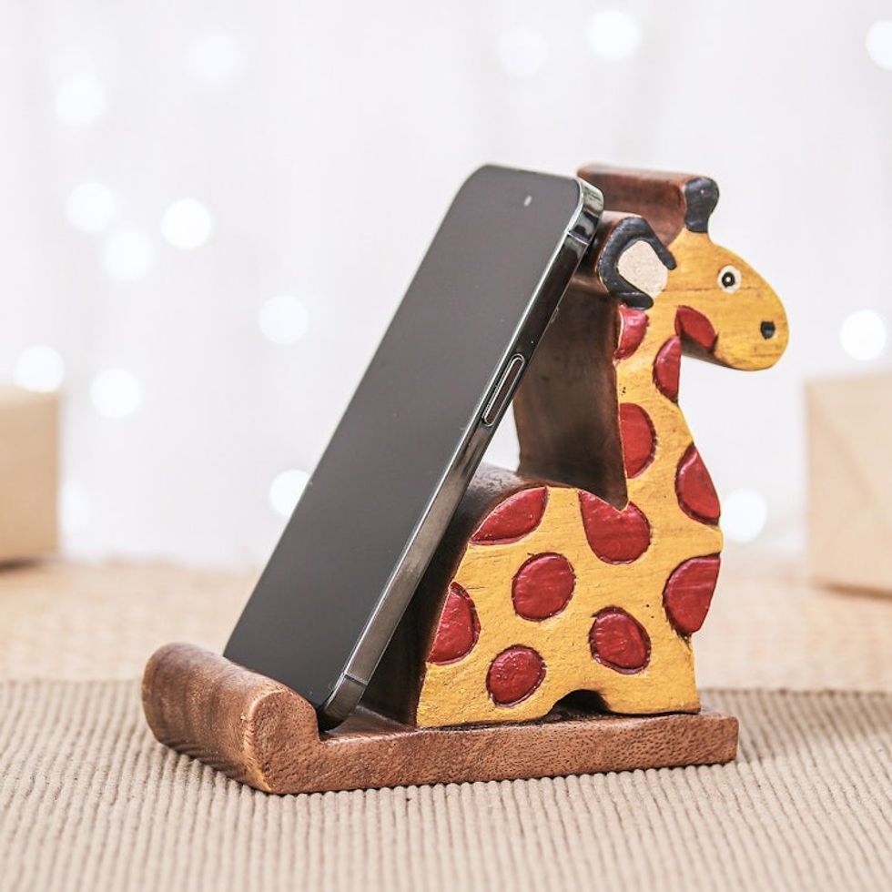 Giraffe-Themed Hand-Carved Raintree Wood Phone Holder 'Safari Support'