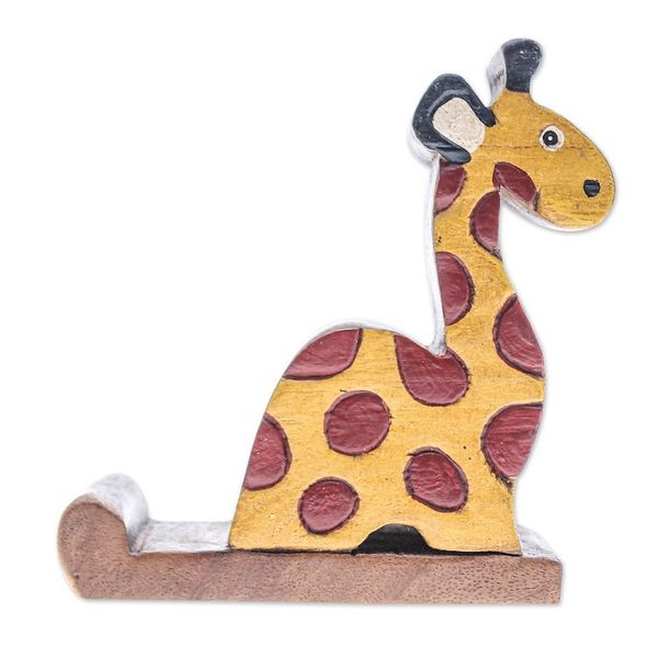 Alternate image for Giraffe-Themed Hand-Carved Raintree Wood Phone Holder Safari Support