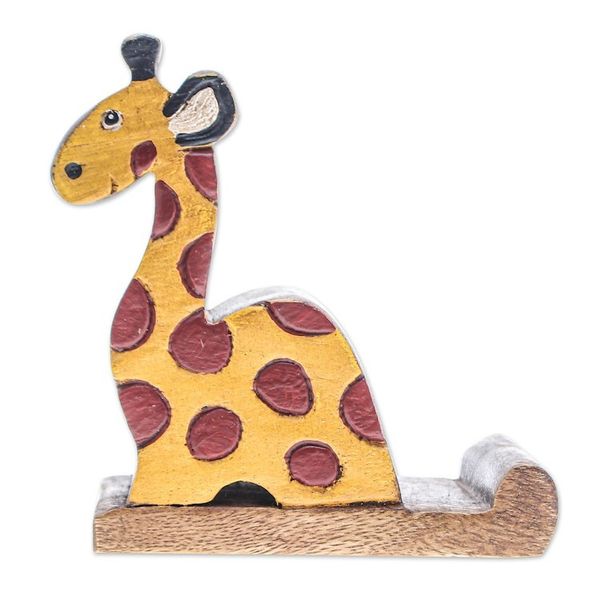 Alternate image for Giraffe-Themed Hand-Carved Raintree Wood Phone Holder Safari Support